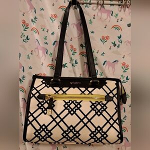Spartina 449 Black & Beige Lattice Linen Boho Neutral Casual Purse Handbag Bag